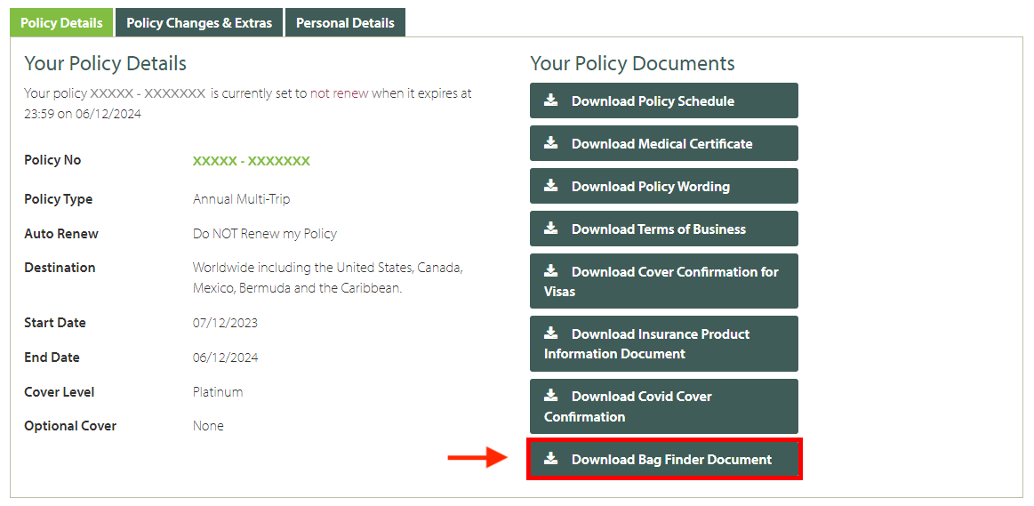 Customer Zone BagFinder button screenshot